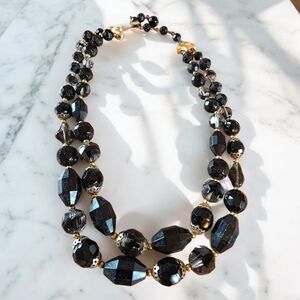 Vintage Crown Trifari Black Faceted Bead Double-Strand Necklace